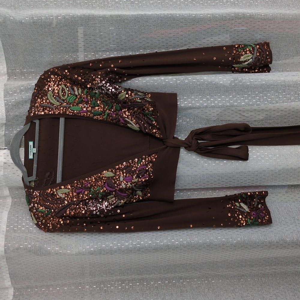 Cropped Embellished Brown Vintage Cardigan With Wrap Around Tie